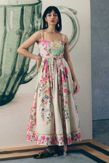 Buy_Paulmi And Harsh_Off White Poplin Square Neck Hanami Floral Print Dress With Belt _at_Aza_Fashions