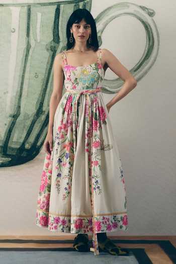Paulmi And Harsh_Off White Poplin Square Neck Hanami Floral Print Dress With Belt _at_Aza_Fashions