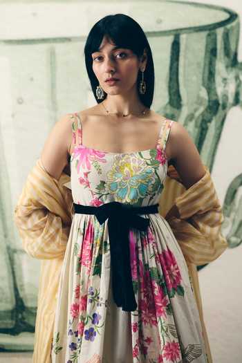 Buy_Paulmi And Harsh_Off White Poplin Square Neck Hanami Floral Print Dress With Belt 