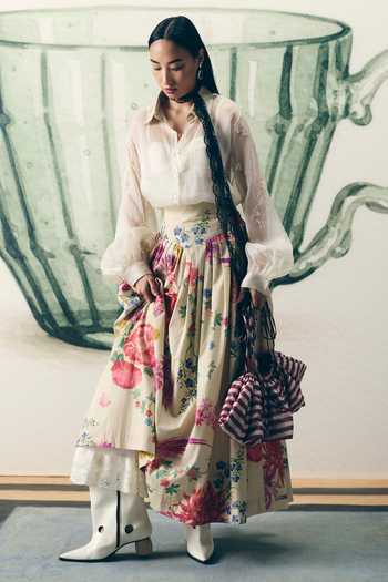 Paulmi And Harsh_Off White Organza, Poplin, Shantoon Alora Shirt And Print Skirt Set _Online_at_Aza_Fashions