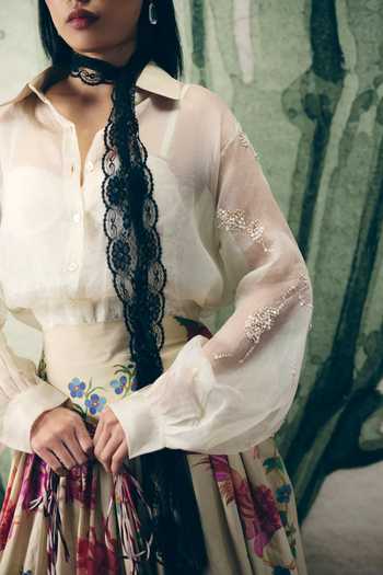 Buy_Paulmi And Harsh_Off White Organza, Poplin, Shantoon Alora Shirt And Print Skirt Set _Online_at_Aza_Fashions