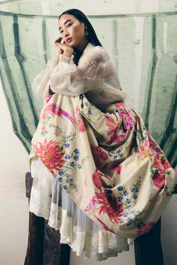 Paulmi And Harsh_Off White Organza, Poplin, Shantoon Alora Shirt And Print Skirt Set _at_Aza_Fashions
