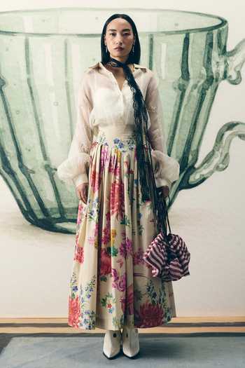 Buy_Paulmi And Harsh_Off White Organza, Poplin, Shantoon Alora Shirt And Print Skirt Set 