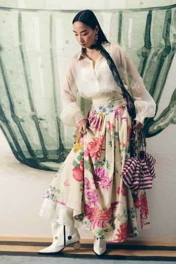 Shop_Paulmi And Harsh_Off White Organza, Poplin, Shantoon Alora Shirt And Print Skirt Set 