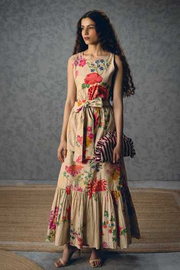 Buy_Paulmi And Harsh_Off White Poplin Round Neck Selora Floral Print Dress _at_Aza_Fashions