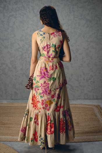 Shop_Paulmi And Harsh_Off White Poplin Round Neck Selora Floral Print Dress _at_Aza_Fashions