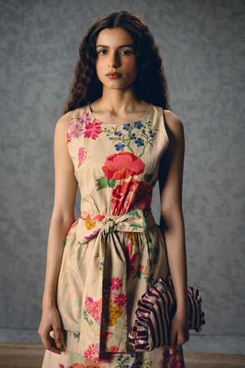 Paulmi And Harsh_Off White Poplin Round Neck Selora Floral Print Dress _Online_at_Aza_Fashions