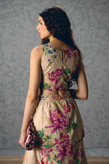 Buy_Paulmi And Harsh_Off White Poplin Round Neck Selora Floral Print Dress _Online_at_Aza_Fashions