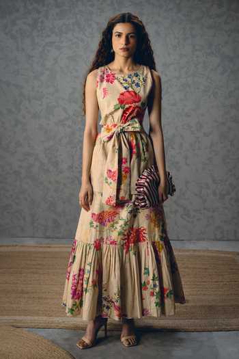 Shop_Paulmi And Harsh_Off White Poplin Round Neck Selora Floral Print Dress _Online_at_Aza_Fashions