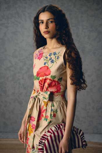 Paulmi And Harsh_Off White Poplin Round Neck Selora Floral Print Dress _at_Aza_Fashions