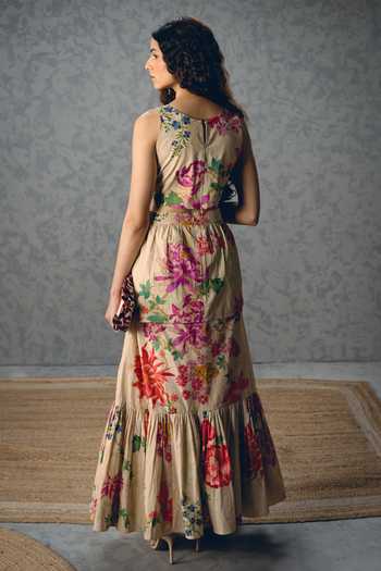 Buy_Paulmi And Harsh_Off White Poplin Round Neck Selora Floral Print Dress 
