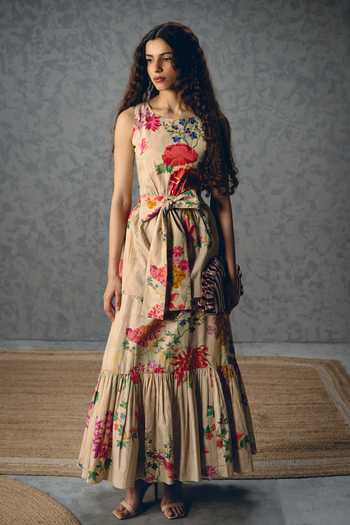Shop_Paulmi And Harsh_Off White Poplin Round Neck Selora Floral Print Dress 