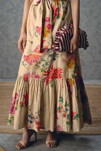 Paulmi And Harsh_Off White Poplin Round Neck Selora Floral Print Dress _Online