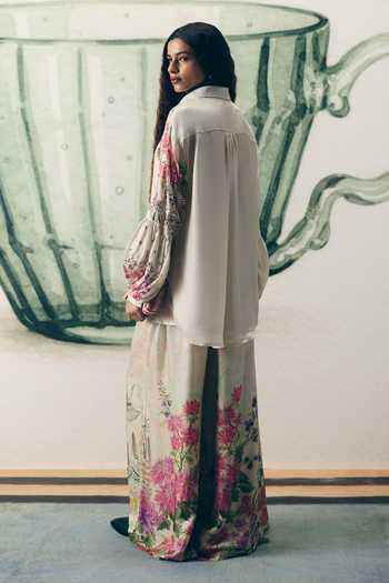 Shop_Paulmi And Harsh_Ivory Satin Embroidery Collared Aika Shirt And Printed Pant Set _at_Aza_Fashions
