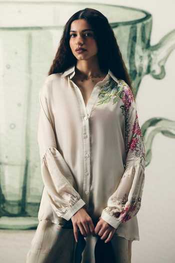 Paulmi And Harsh_Ivory Satin Embroidery Collared Aika Shirt And Printed Pant Set _Online_at_Aza_Fashions