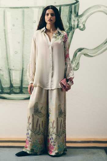 Buy_Paulmi And Harsh_Ivory Satin Embroidery Collared Aika Shirt And Printed Pant Set _at_Aza_Fashions