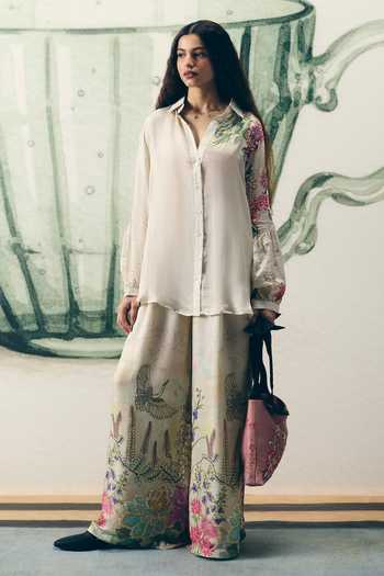 Buy_Paulmi And Harsh_Ivory Satin Embroidery Collared Aika Shirt And Printed Pant Set _Online_at_Aza_Fashions