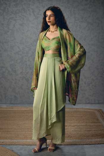 Paulmi And Harsh_Green Silk Organza Sweetheart Cleo Floral Print Jacket And Wrap-around Skirt Set _Online_at_Aza_Fashions