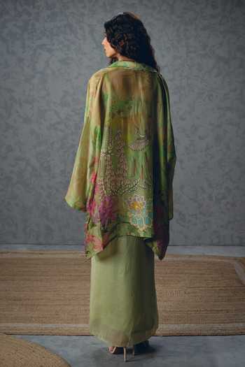 Shop_Paulmi And Harsh_Green Silk Organza Sweetheart Cleo Floral Print Jacket And Wrap-around Skirt Set _at_Aza_Fashions
