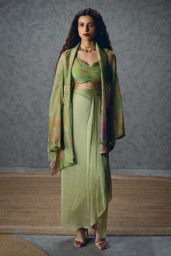 Buy_Paulmi And Harsh_Green Silk Organza Sweetheart Cleo Floral Print Jacket And Wrap-around Skirt Set _Online_at_Aza_Fashions
