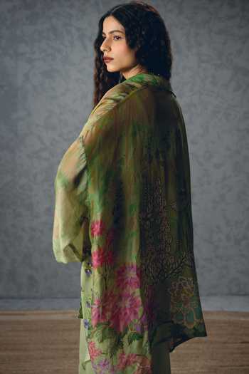 Shop_Paulmi And Harsh_Green Silk Organza Sweetheart Cleo Floral Print Jacket And Wrap-around Skirt Set _Online_at_Aza_Fashions