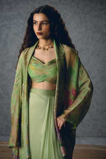 Paulmi And Harsh_Green Silk Organza Sweetheart Cleo Floral Print Jacket And Wrap-around Skirt Set _at_Aza_Fashions