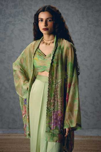 Buy_Paulmi And Harsh_Green Silk Organza Sweetheart Cleo Floral Print Jacket And Wrap-around Skirt Set 