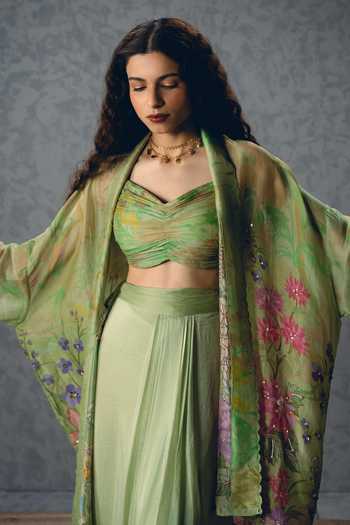 Shop_Paulmi And Harsh_Green Silk Organza Sweetheart Cleo Floral Print Jacket And Wrap-around Skirt Set 