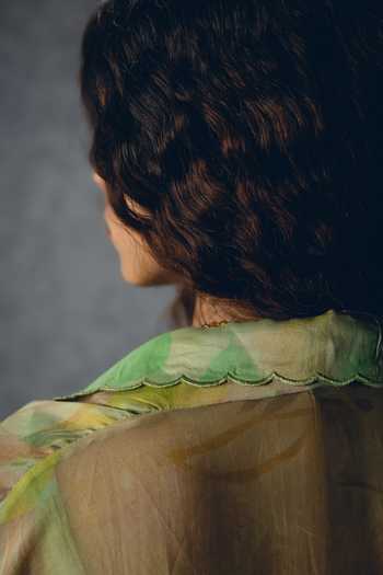 Paulmi And Harsh_Green Silk Organza Sweetheart Cleo Floral Print Jacket And Wrap-around Skirt Set _Online