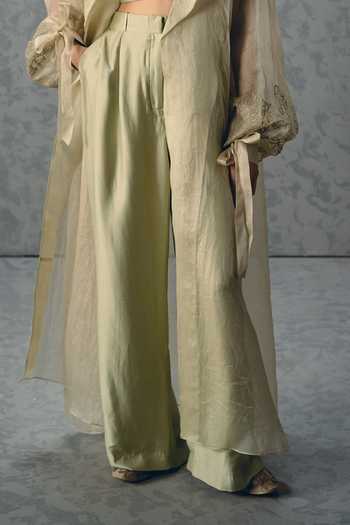 Paulmi And Harsh_Green Silk, Modal, Organza Embroidery Sweetheart Lili Sleeve Jacket And Pant Set _Online_at_Aza_Fashions