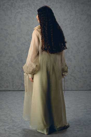 Shop_Paulmi And Harsh_Green Silk, Modal, Organza Embroidery Sweetheart Lili Sleeve Jacket And Pant Set _at_Aza_Fashions