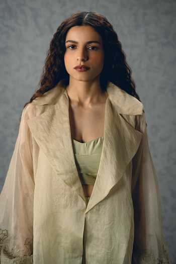 Buy_Paulmi And Harsh_Green Silk, Modal, Organza Embroidery Sweetheart Lili Sleeve Jacket And Pant Set _Online_at_Aza_Fashions