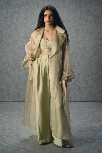 Shop_Paulmi And Harsh_Green Silk, Modal, Organza Embroidery Sweetheart Lili Sleeve Jacket And Pant Set _Online_at_Aza_Fashions
