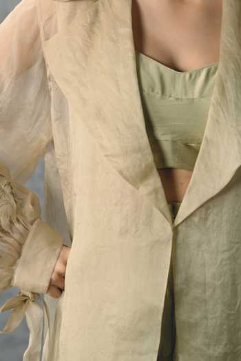 Paulmi And Harsh_Green Silk, Modal, Organza Embroidery Sweetheart Lili Sleeve Jacket And Pant Set _at_Aza_Fashions