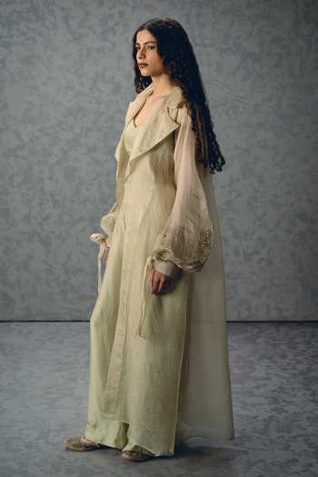 Buy_Paulmi And Harsh_Green Silk, Modal, Organza Embroidery Sweetheart Lili Sleeve Jacket And Pant Set 
