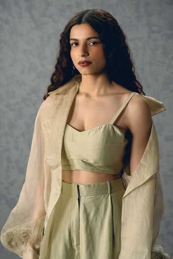 Shop_Paulmi And Harsh_Green Silk, Modal, Organza Embroidery Sweetheart Lili Sleeve Jacket And Pant Set 