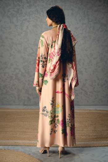 Shop_Paulmi And Harsh_Pink Silk, Modal V-neck Leonie Floral Print Kaftan _at_Aza_Fashions