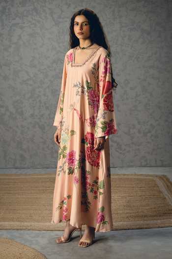 Paulmi And Harsh_Pink Silk, Modal V-neck Leonie Floral Print Kaftan _Online_at_Aza_Fashions