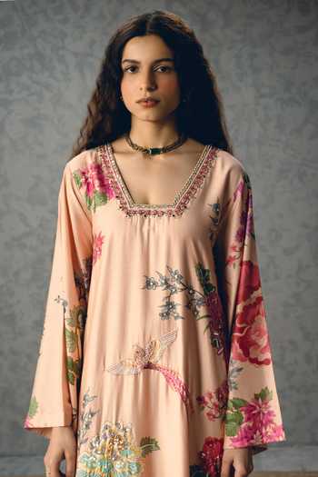 Buy_Paulmi And Harsh_Pink Silk, Modal V-neck Leonie Floral Print Kaftan _Online_at_Aza_Fashions