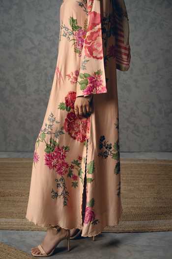 Shop_Paulmi And Harsh_Pink Silk, Modal V-neck Leonie Floral Print Kaftan _Online_at_Aza_Fashions