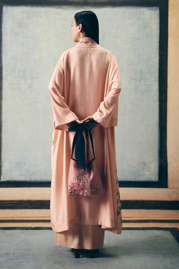 Shop_Paulmi And Harsh_Pink Modal, Silk Embroidery Square Neck, Bara Jacket And Asymmetric Skirt Set _at_Aza_Fashions