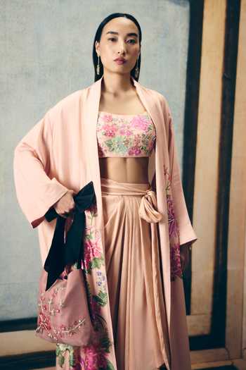 Paulmi And Harsh_Pink Modal, Silk Embroidery Square Neck, Bara Jacket And Asymmetric Skirt Set _Online_at_Aza_Fashions