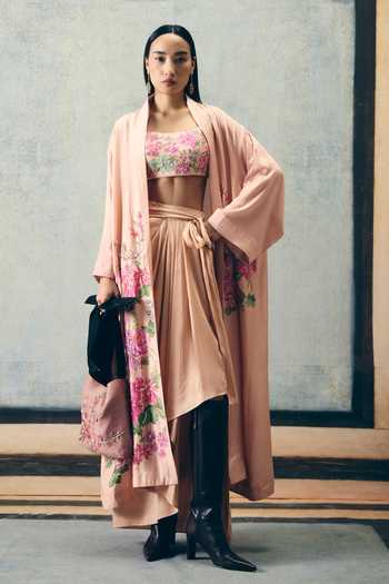 Buy_Paulmi And Harsh_Pink Modal, Silk Embroidery Square Neck, Bara Jacket And Asymmetric Skirt Set _at_Aza_Fashions
