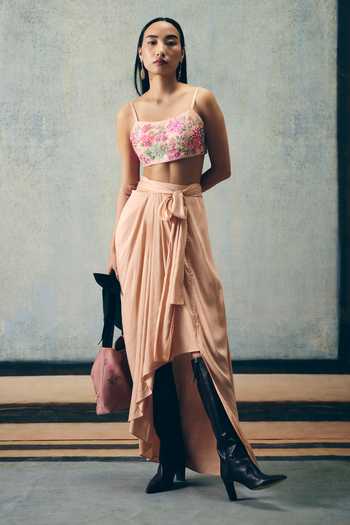 Paulmi And Harsh_Pink Modal, Silk Embroidery Square Neck, Bara Jacket And Asymmetric Skirt Set _at_Aza_Fashions