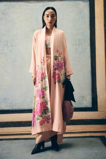 Buy_Paulmi And Harsh_Pink Modal, Silk Embroidery Square Neck, Bara Jacket And Asymmetric Skirt Set 