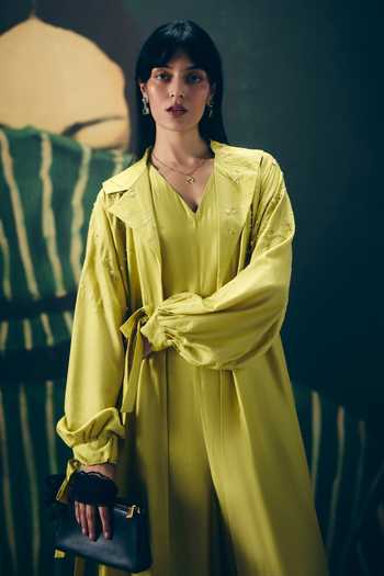 Paulmi And Harsh_Yellow Silk, Modal Embroidery Kira Jacket And Jumpsuit Set _Online_at_Aza_Fashions