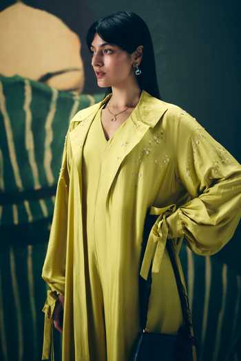 Buy_Paulmi And Harsh_Yellow Silk, Modal Embroidery Kira Jacket And Jumpsuit Set _Online_at_Aza_Fashions