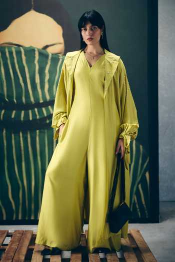 Shop_Paulmi And Harsh_Yellow Silk, Modal Embroidery Kira Jacket And Jumpsuit Set _at_Aza_Fashions