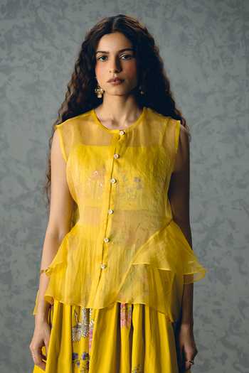 Paulmi And Harsh_Yellow Poplin Embroidery Square Neck Alina Bustier And Printed Skirt Set _Online_at_Aza_Fashions