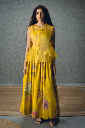 Buy_Paulmi And Harsh_Yellow Poplin Embroidery Square Neck Alina Bustier And Printed Skirt Set _at_Aza_Fashions